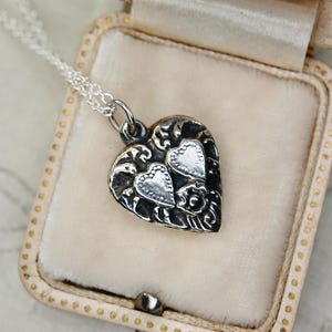 Antique Sterling Silver Forget Me Not Heart Pendant Necklace: Victorian Love Token, c. 1800s