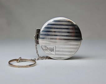 Art Deco Compact, Finger Ring, Sterling Silver, Striped, Antique, F&B, Monogrammed "M", Flapper, Mirror, Red Rouge, Puff, c. 1920's, 29.75g