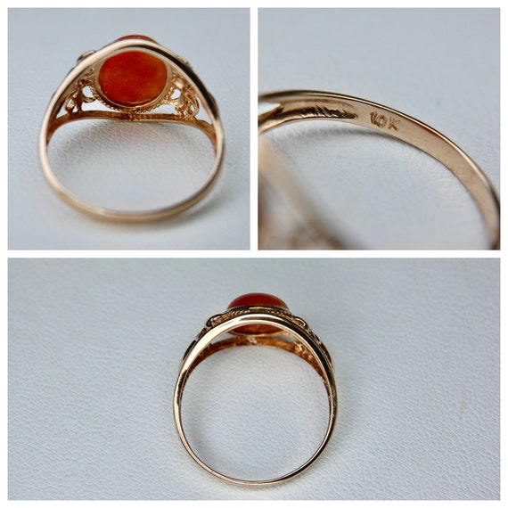 10k Orange Jade Bow Motif Ring, Filigree, Cabocho… - image 10