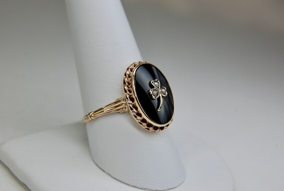 10k Clover Onyx Signet Ring, Luck, Seed Pearls, L… - image 5