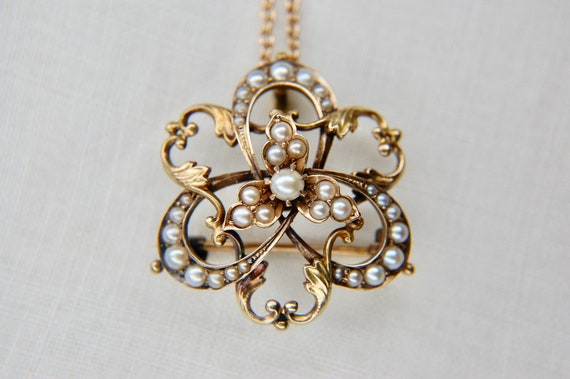 14k Art Nouveau Seed Pearl Pendant Brooch in 14k … - image 1