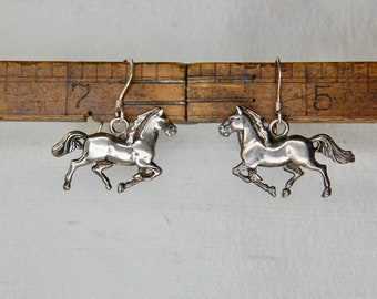 Stallion Horse Earrings in 925 Sterling Silver by GS, Dangle Drop, Fishhook, Equestrian, Fine Jewellery, Vintage, c. 1970s, 5.92 g.