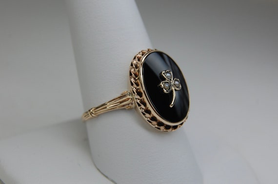 10k Clover Onyx Signet Ring, Luck, Seed Pearls, L… - image 6