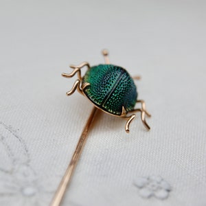 14k Antique Scarab Stick Pin, Egyptian Revival, Authentic Beetle, 14k Rosy Gold, Iridescent Green, Victorian, 3, c. 1880s, 1.97g image 5