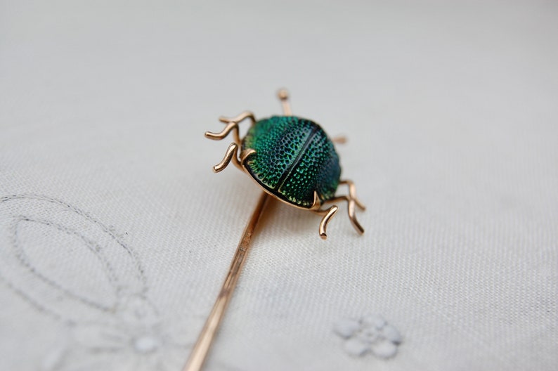 14k Antique Scarab Stick Pin, Egyptian Revival, Authentic Beetle, 14k Rosy Gold, Iridescent Green, Victorian, 3, c. 1880s, 1.97g image 5