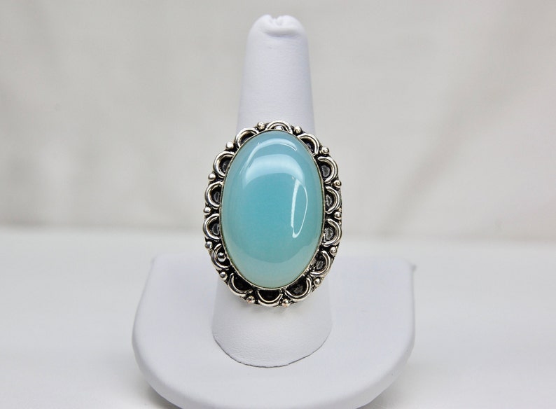 Luminous Aqua Blue Chalcedony Artisan Ring in Sterling Silver, Boho, Vintage, Size 9.25 Size 9 1/4, c. 1970s, 13.82g image 8