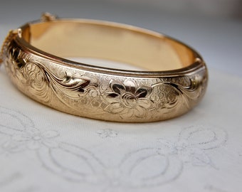 Victorian Revival Sarah Coventry Bangle, Floral, Engine Turned, Gold Tone, Hinged Bracelet, Safety Chain, Medium, 7", c. 1950's, 28.68g
