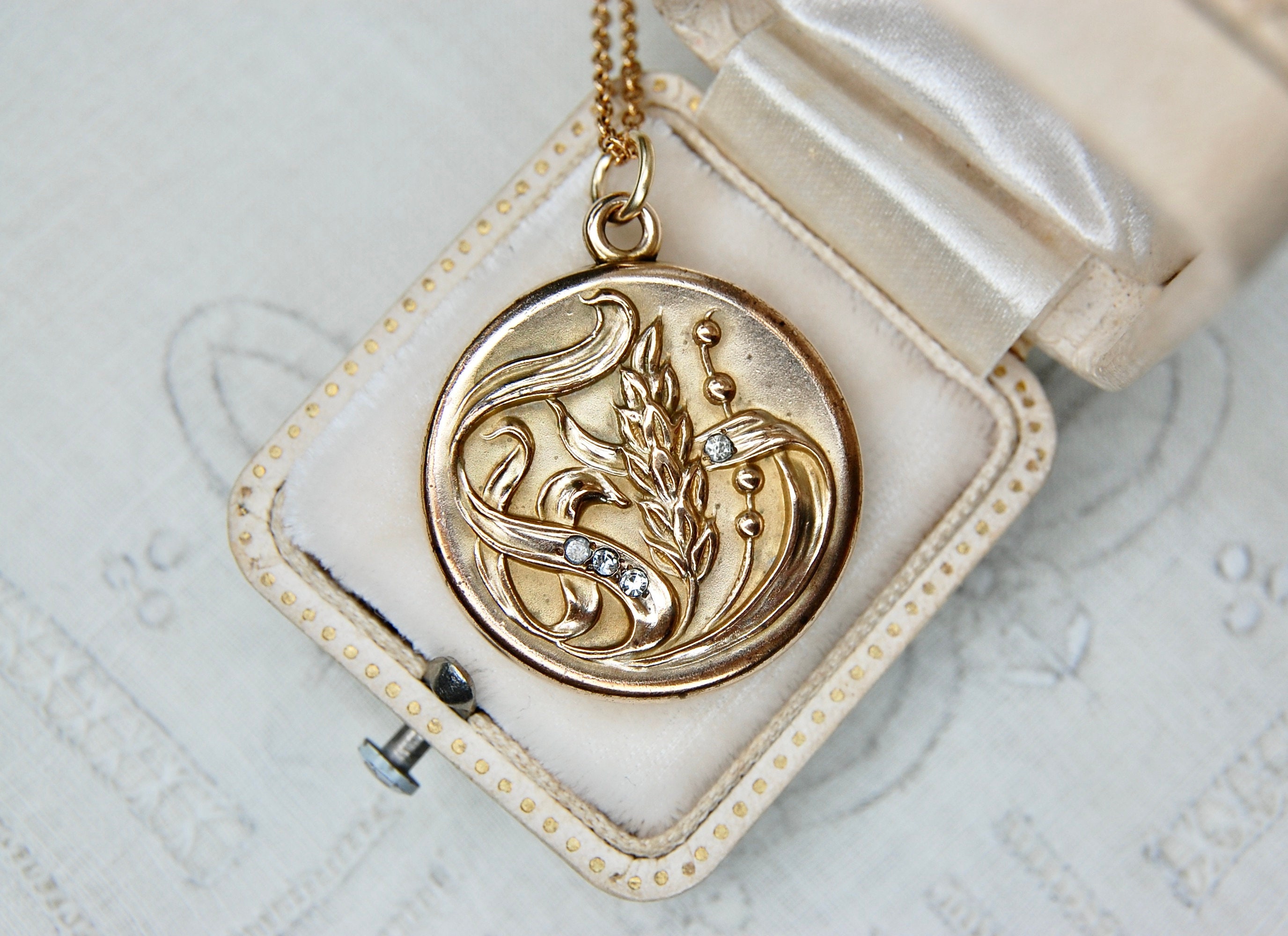 Art Nouveau Rosy Gold Filled Repousse Paste Glass Locket, Floral Foliate, Rhinestone, Letters "EIA", F&B, Antique, New Chain, c.1900s, 8.87g
