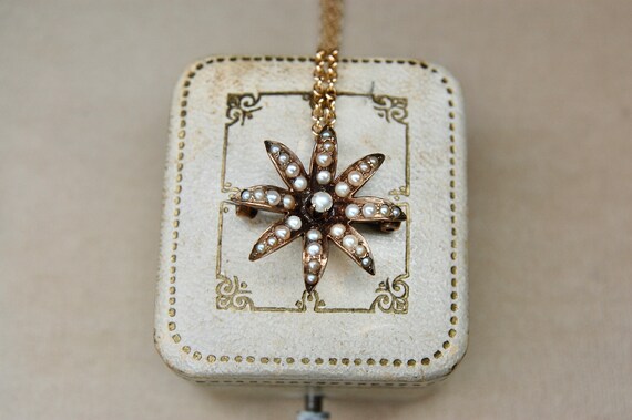 10k Victorian Era Starburst Seed Pearl Pendant Br… - image 3