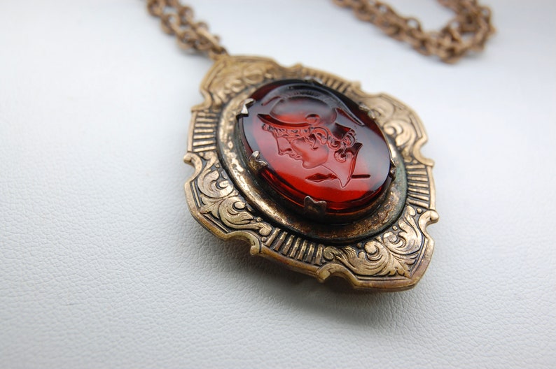 Antique Intaglio Roman Soldier Dark Bourbon Czech Glass Foliate Gold Filled Brass Locket, Original 24 Chain, Art Deco, c. 1920s, 28.93 g. image 6