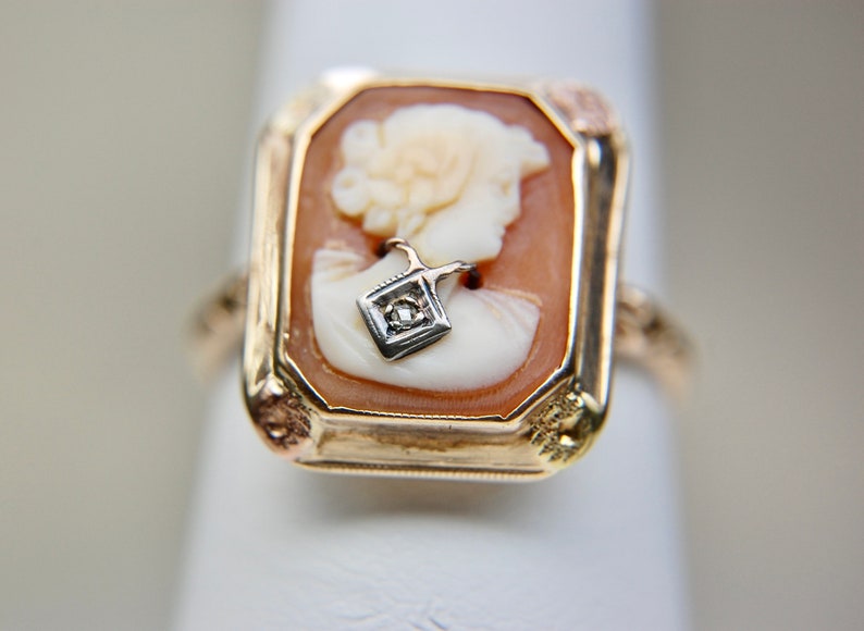 10k Edwardian Cameo Ring with Diamond, Habillé Style, Tri-Color, Rectangle, Flower, Conch Shell, Size 6.5 Size 6 1/2, c. 1910s, 2.40g image 5
