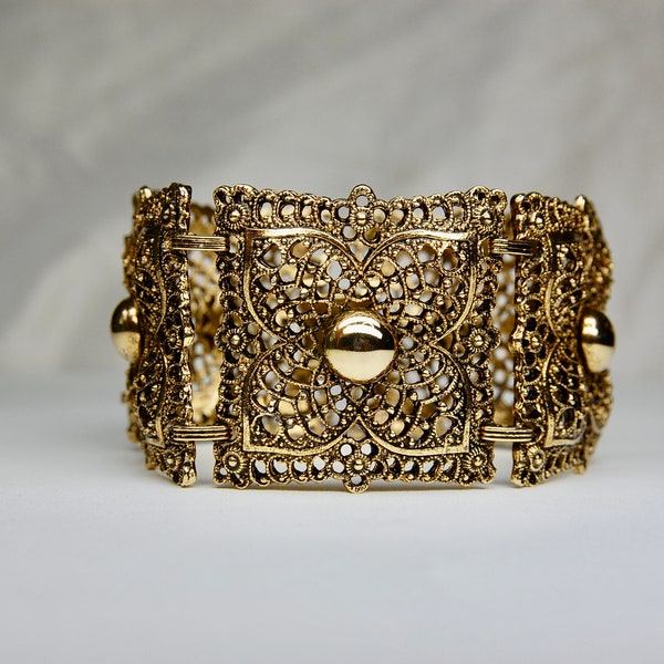 Vintage Chunky Filigree Bracelet by Celebrity, Gold Tone, Panel, Wide, Floral, Hinged FoldOver Clasp, Costume Jewelry, 8", c. 1960's, 66.82g