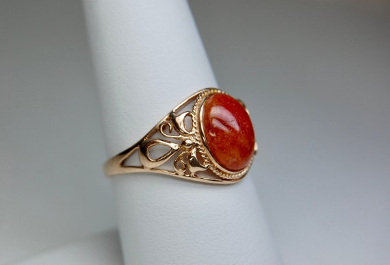 10k Orange Jade Bow Motif Ring, Filigree, Cabocho… - image 1
