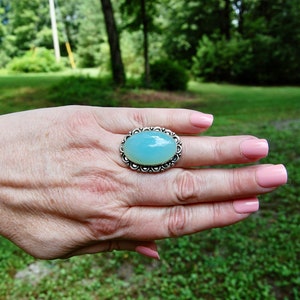 Luminous Aqua Blue Chalcedony Artisan Ring in Sterling Silver, Boho, Vintage, Size 9.25 Size 9 1/4, c. 1970s, 13.82g image 2