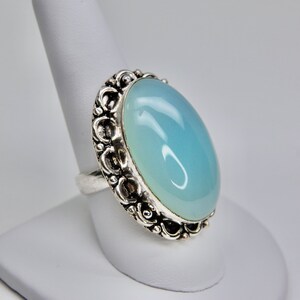Luminous Aqua Blue Chalcedony Artisan Ring in Sterling Silver, Boho, Vintage, Size 9.25 Size 9 1/4, c. 1970s, 13.82g image 4