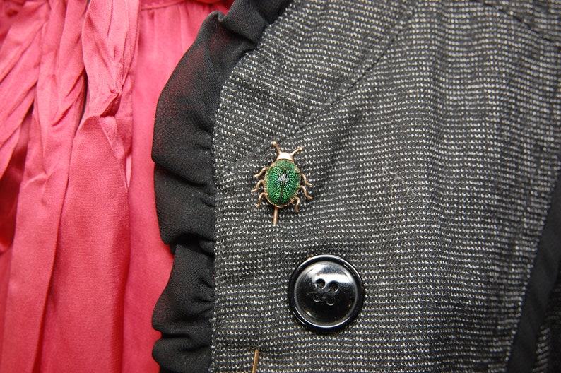 14k Antique Scarab Stick Pin, Egyptian Revival, Authentic Beetle, 14k Rosy Gold, Iridescent Green, Victorian, 3, c. 1880s, 1.97g image 10