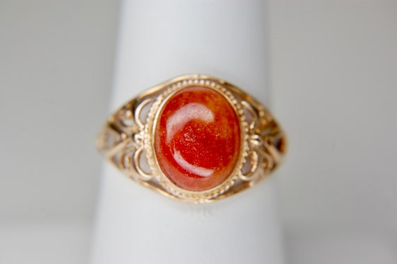 10k Orange Jade Bow Motif Ring, Filigree, Cabocho… - image 5