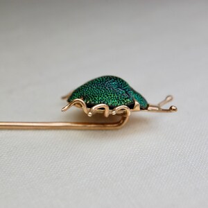 14k Antique Scarab Stick Pin, Egyptian Revival, Authentic Beetle, 14k Rosy Gold, Iridescent Green, Victorian, 3, c. 1880s, 1.97g image 6