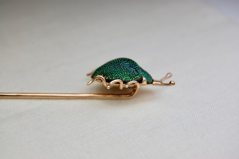 14k Antique Scarab Stick Pin, Egyptian Revival, Authentic Beetle, 14k Rosy Gold, Iridescent Green, Victorian, 3, c. 1880s, 1.97g image 6