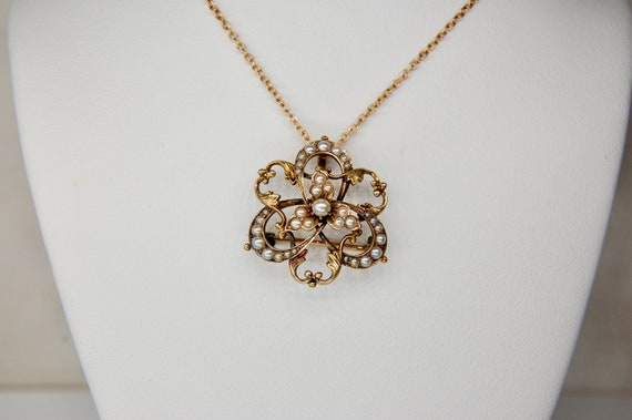14k Art Nouveau Seed Pearl Pendant Brooch in 14k … - image 3