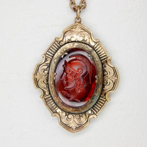 Antique Intaglio Roman Soldier Dark Bourbon Czech Glass Foliate Gold Filled Brass Locket, Original 24 Chain, Art Deco, c. 1920s, 28.93 g. image 1