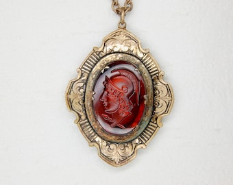 Antique Intaglio Roman Soldier Dark Bourbon Czech Glass Foliate Gold Filled Brass Locket, Original 24" Chain, Art Deco, c. 1920s, 28.93 g.