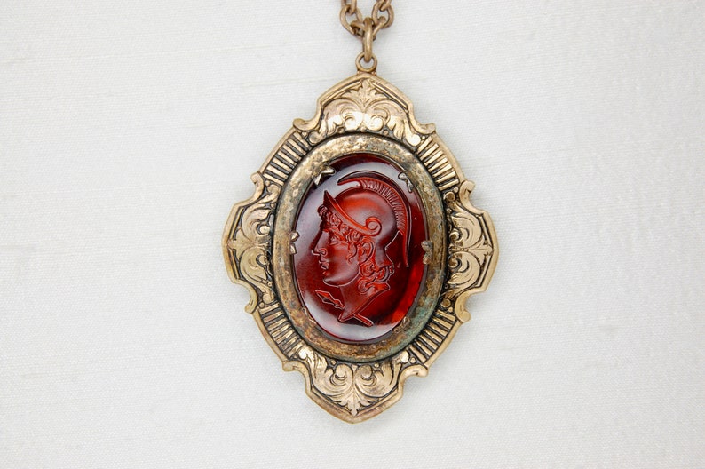 Antique Intaglio Roman Soldier Dark Bourbon Czech Glass Foliate Gold Filled Brass Locket, Original 24 Chain, Art Deco, c. 1920s, 28.93 g. image 1