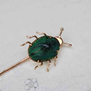 14k Antique Scarab Stick Pin, Egyptian Revival, Authentic Beetle, 14k Rosy Gold, Iridescent Green, Victorian, 3, c. 1880s, 1.97g image 2