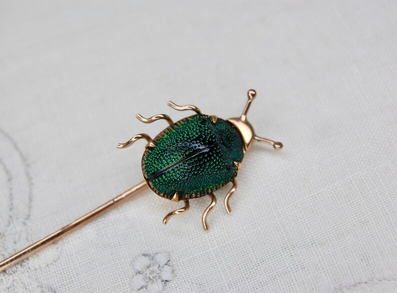 14k Antique Scarab Stick Pin, Egyptian Revival, Authentic Beetle, 14k Rosy Gold, Iridescent Green, Victorian, 3, c. 1880s, 1.97g image 2