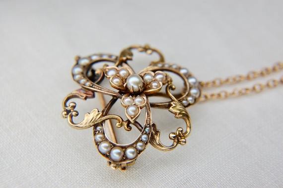 14k Art Nouveau Seed Pearl Pendant Brooch in 14k … - image 8