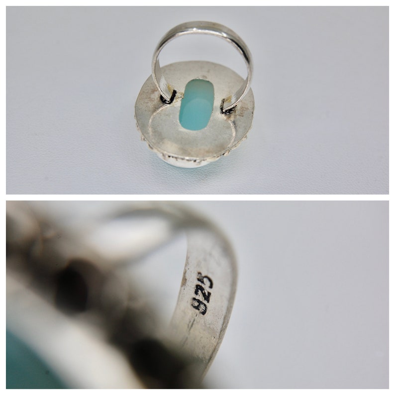 Luminous Aqua Blue Chalcedony Artisan Ring in Sterling Silver, Boho, Vintage, Size 9.25 Size 9 1/4, c. 1970s, 13.82g image 10