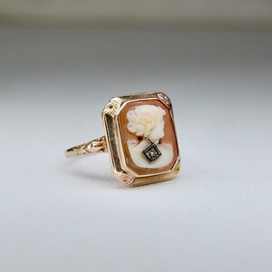 10k Edwardian Cameo Ring with Diamond, Habillé Style, Tri-Color, Rectangle, Flower, Conch Shell, Size 6.5 Size 6 1/2, c. 1910s, 2.40g image 6