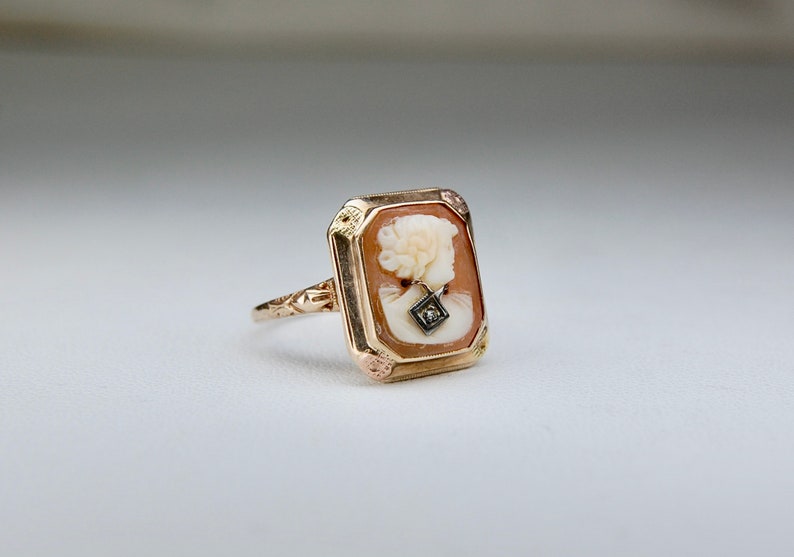 10k Edwardian Cameo Ring with Diamond, Habillé Style, Tri-Color, Rectangle, Flower, Conch Shell, Size 6.5 Size 6 1/2, c. 1910s, 2.40g image 6