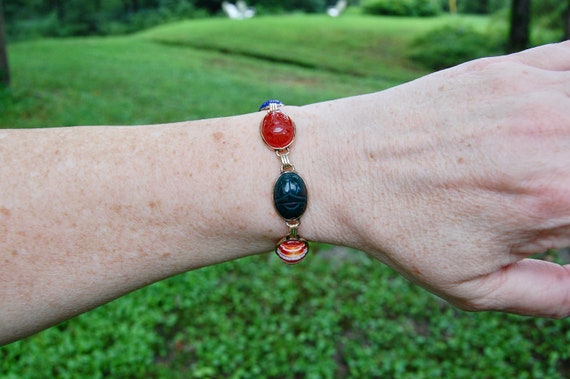 Retro Scarab Gemstone Link Bracelet, Egyptian, Bloodstone