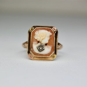 10k Edwardian Cameo Ring with Diamond, Habillé Style, Tri-Color, Rectangle, Flower, Conch Shell, Size 6.5 Size 6 1/2, c. 1910s, 2.40g image 3