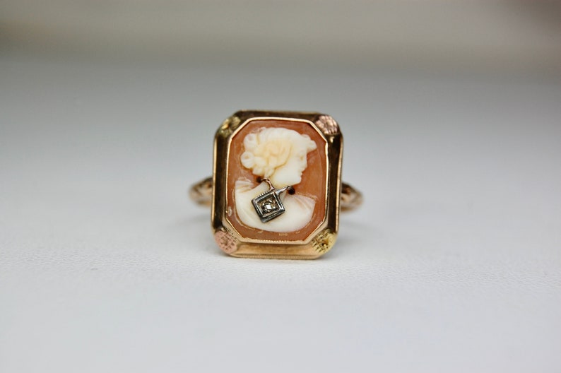 10k Edwardian Cameo Ring with Diamond, Habillé Style, Tri-Color, Rectangle, Flower, Conch Shell, Size 6.5 Size 6 1/2, c. 1910s, 2.40g image 3