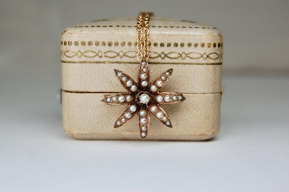 10k Victorian Era Starburst Seed Pearl Pendant Br… - image 2