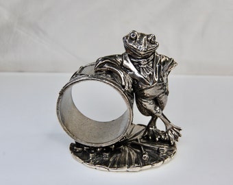 Fairy Tale Toad Drummer Napkin Ring, Silver Plated, Figural, Reed & Barton 1834 Collection, Table Linen Dining Accessories, c. 1999, 8.8oz