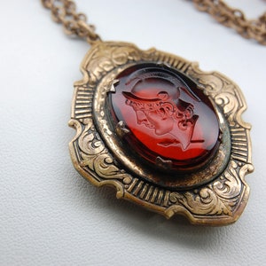 Antique Intaglio Roman Soldier Dark Bourbon Czech Glass Foliate Gold Filled Brass Locket, Original 24 Chain, Art Deco, c. 1920s, 28.93 g. image 5