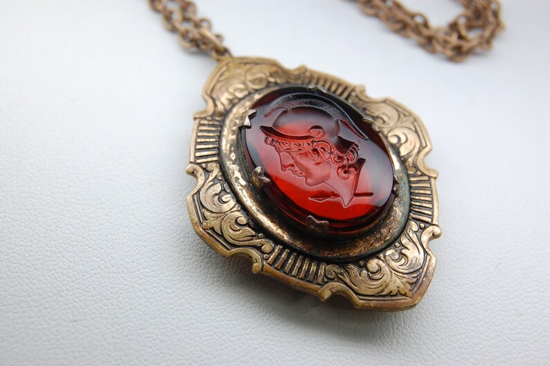 Antique Intaglio Roman Soldier Dark Bourbon Czech Glass Foliate Gold Filled Brass Locket, Original 24 Chain, Art Deco, c. 1920s, 28.93 g. image 5