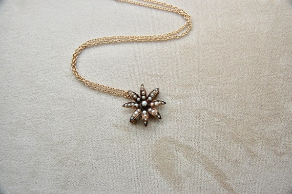 10k Victorian Era Starburst Seed Pearl Pendant Br… - image 7