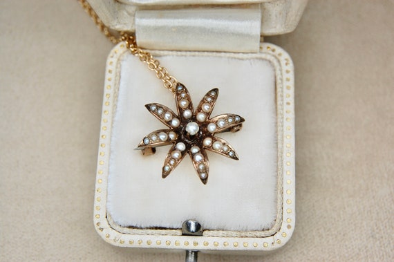 10k Victorian Era Starburst Seed Pearl Pendant Br… - image 1