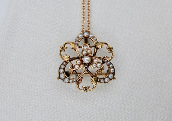 14k Art Nouveau Seed Pearl Pendant Brooch in 14k … - image 6