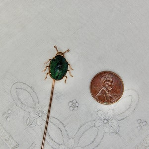14k Antique Scarab Stick Pin, Egyptian Revival, Authentic Beetle, 14k Rosy Gold, Iridescent Green, Victorian, 3, c. 1880s, 1.97g image 4