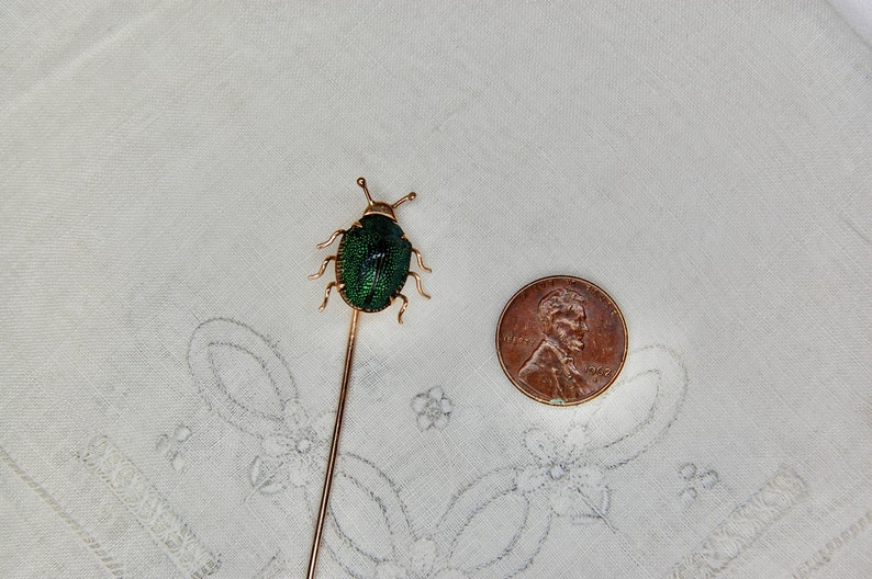 14k Antique Scarab Stick Pin, Egyptian Revival, Authentic Beetle, 14k Rosy Gold, Iridescent Green, Victorian, 3, c. 1880s, 1.97g image 4