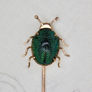 14k Antique Scarab Stick Pin, Egyptian Revival, Authentic Beetle, 14k Rosy Gold, Iridescent Green, Victorian, 3, c. 1880s, 1.97g image 3
