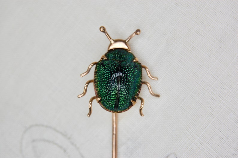 14k Antique Scarab Stick Pin, Egyptian Revival, Authentic Beetle, 14k Rosy Gold, Iridescent Green, Victorian, 3, c. 1880s, 1.97g image 3