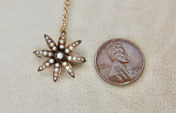 10k Victorian Era Starburst Seed Pearl Pendant Br… - image 9