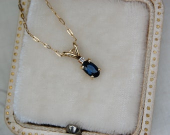 Dainty Sapphire and Diamond Pendant in 14k Yellow Gold with Delicate 16" Solid Gold Chain, Tiny, Fine Jewelry, c. 1980s, .73g