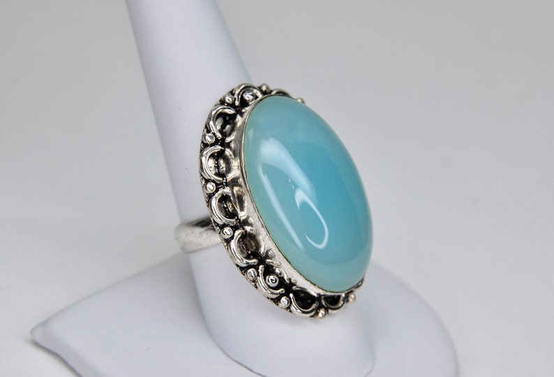 Luminous Aqua Blue Chalcedony Artisan Ring in Sterling Silver, Boho, Vintage, Size 9.25 Size 9 1/4, c. 1970s, 13.82g image 5